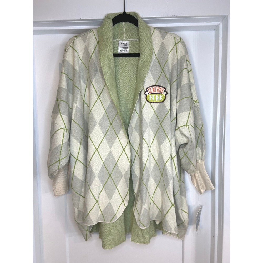 NEW Friends Central Perk Argyle Cardigan CultureFly Green Cream Womens‎ 2XL